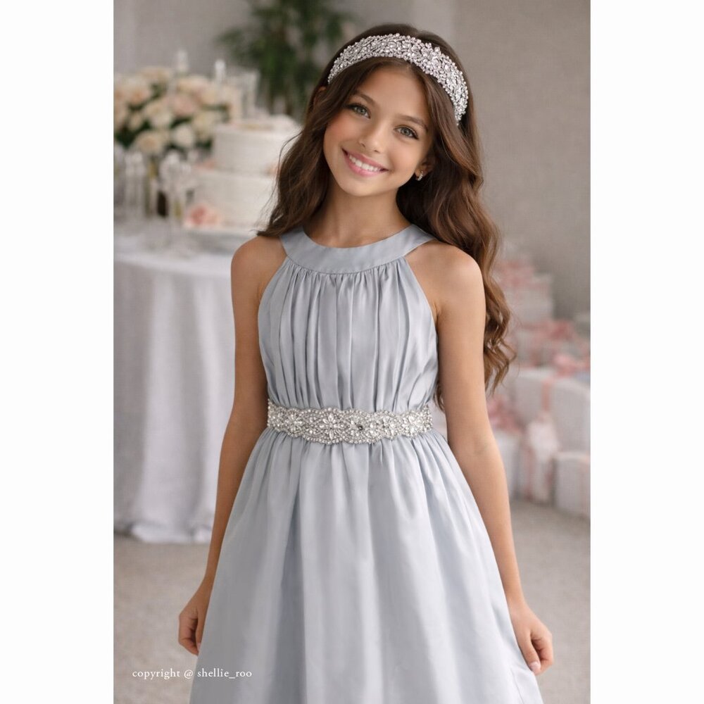 Strasburg Silver Dress with Rhinestone Sash & Headband Flower Girl Wedding